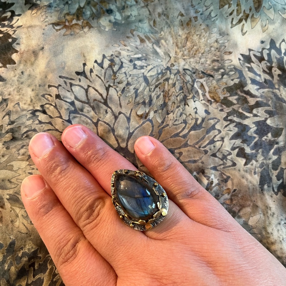 Labradorite Gem, Sterling Silver and Bronze Size 8